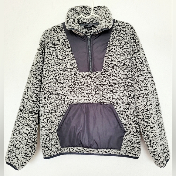 Express Women's Chunky Sherpa Pullover Sweater 3/4 Zip Gray Small Oversized - Picture 2 of 16